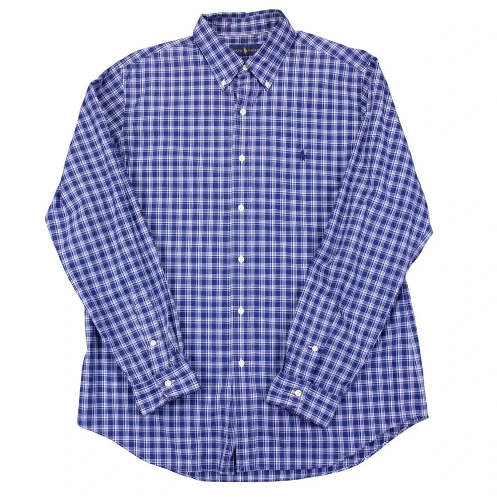 Polo Ralph Lauren Mens Large Blue White Plaid Check‎ LS Button Front Shirt